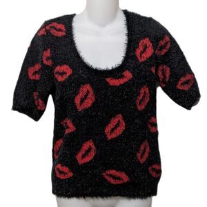 BONGO Eyelash Love Lips Kisses Scoop Neck Mod Sweater S